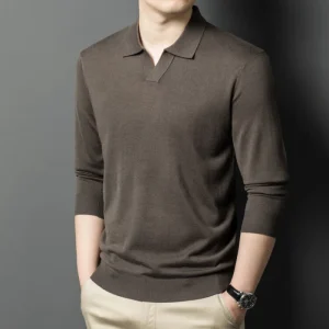 Men's cashmere pullover sweater with V-neck, business casual polo, and wool for warmth.Superior men's apparel