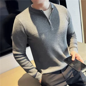 Superior Men's Color-blocked Pullover Sweater with Slim Fit, O-neck, and Warming Underlay.Knit Sweater with Zipper Embellishment