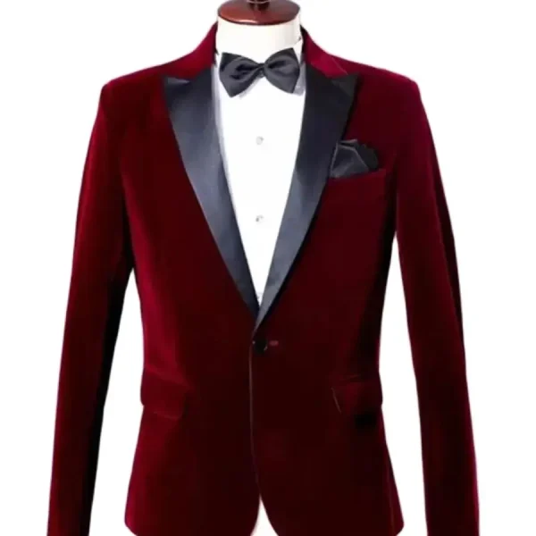 Male Formal Party Clothes One Button Velvet Slim Fit Burgundy Peak Lapel Men's Suits One Piece Blazer Slim Fit Elegant Jacket - Image 4