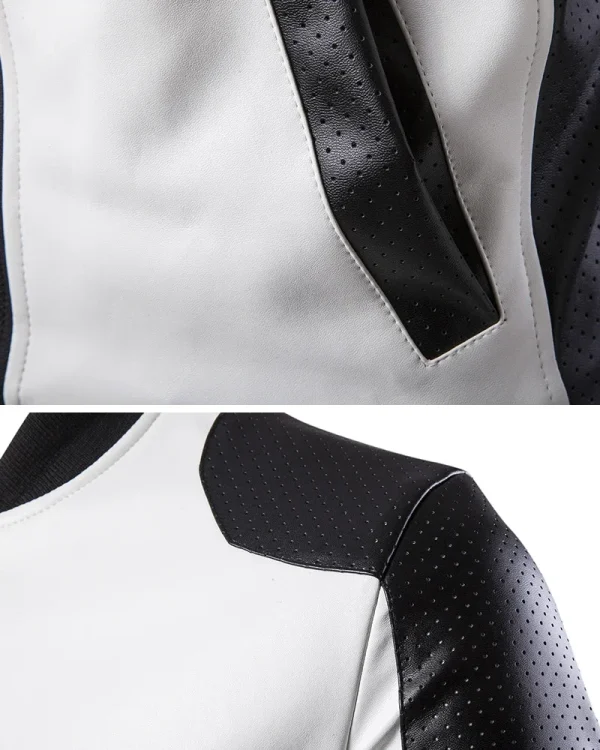 Fashion Racing Clothing PU Leather Jacket 2025 New Men's Stand Collar Coat in Black and White Color Matching Casual Leather Jacket - Image 5