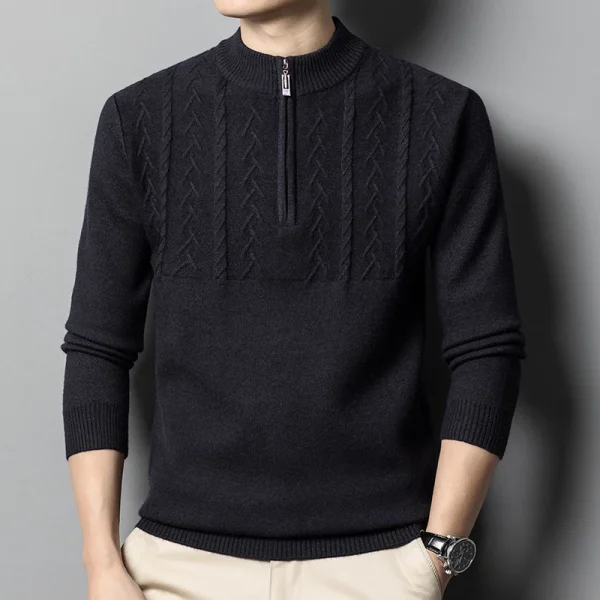 Warm, long-sleeved, solid-colored, half-zip men's pullover sweater with a half-high collar for fall and winter. - Image 8