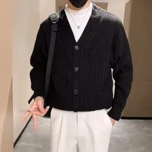 Men's business casual throwback V-neck warm sweater made of premium stretchable cardigan knit for fall and winter.