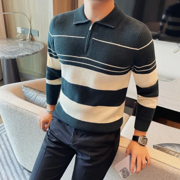Classic Casual Striped Pullover Daily Knit Sweater with Turn-down Collar and Half Zipper for Autumn and Winter - Image 2