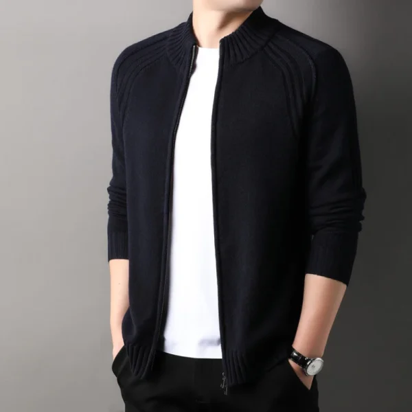 A premium men's half-high collar, solid-colored, slim-fitting, zip-up cardigan that is warm and versatile for everyday use.Blend of Wool - Image 3