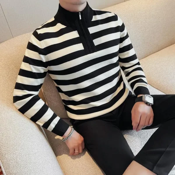 Men's Half-High Collar Pullover Knit Sweater with Stripes, Loose Casual.Trendy Slim-fitting Basic Sweater for Young Men - Image 2