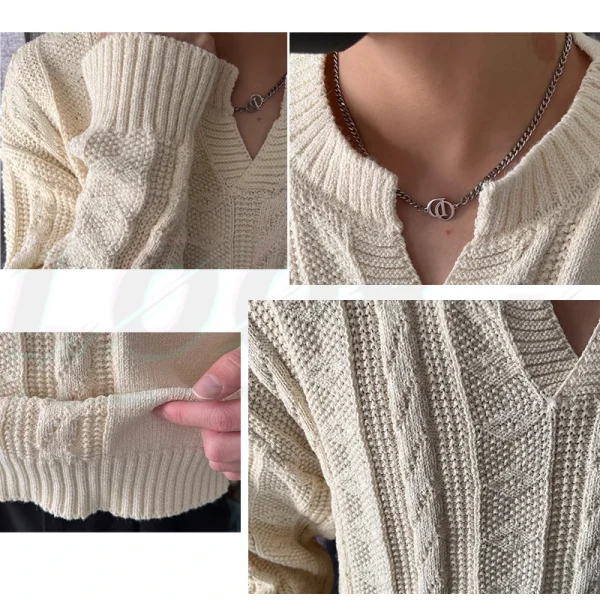 Base Layer Sweater, Men's Warm Knit Pullover, Solid Color, V-neck Style, Half-twisted Design, White. - Image 5
