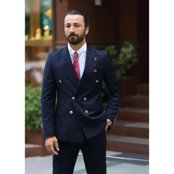 Smart casual business two-piece jacket and pants set in an elegant navy blue suit with a double breasted peak lapel and a flat front. - Image 2
