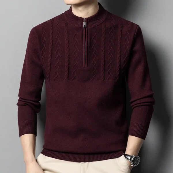 Warm, long-sleeved, solid-colored, half-zip men's pullover sweater with a half-high collar for fall and winter. - Image 9