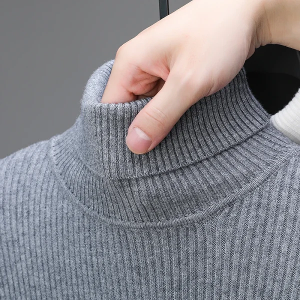 Men's Elegant Gray All-Match T-Shirt, Slim Fit Innerwear, Long-Sleeved Sweater, and Superior Lapel High Collar Knitwear - Image 2