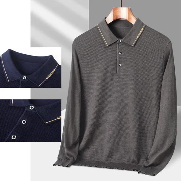 Superior Solid Color Business Casual Warm Men's Polo Shirt for Fall and Winter, Stylish Men's Everyday Sweater - Image 2