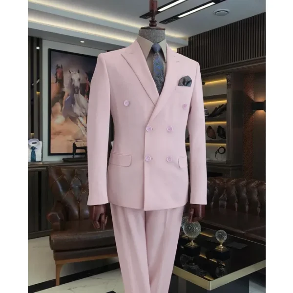 High-end wedding attire for men in pink solid-colored double-breasted, peak-lapel, regular-length, two-piece jackets, pants, and suits - Image 2