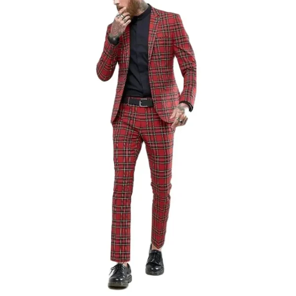 Premium Men's Slim Fit Costume Homme Classic Plaid Two-Piece Jacket, Blazer, Single Breast Notch Lapel - Image 4