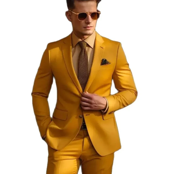Elegant Men's Formal Slim Fit Full Set Jacket Pants and Jackets in Yellow Single Breasted Notch Lapel Blazer Luxury - Image 4