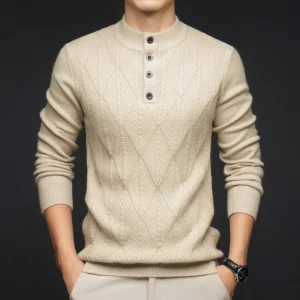 Business Casual Slim-Fitting Textured Sweater with Button Collar, Men's Half-High Collar Knitted Pullover, Thick Warm