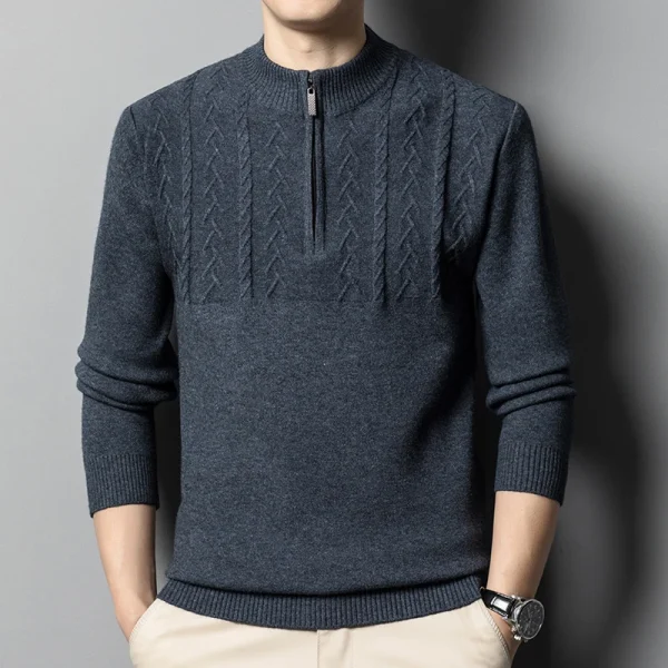 Warm, long-sleeved, solid-colored, half-zip men's pullover sweater with a half-high collar for fall and winter. - Image 10
