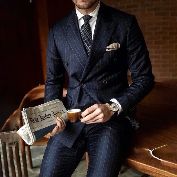 Dressy Men's Costumes Regular Length Navy Blue Double Breasted Peak Lapel Stripe Two-Piece Jacket and Pants - Image 3