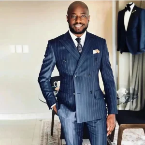 Premium Double-Breastered Men's Suits for Formal Events, Peak Lapel Blue Stripe Outfits, and Stylish Office Two-Piece Jackets, Pants, and Blazers