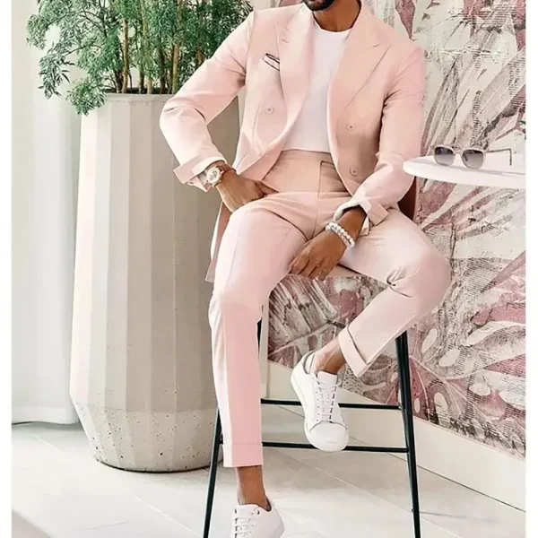 Sophisticated Groomsmen Men's Suits Double Breasted Peak Lapel Flat Front High End Two Piece Jacket Pants in Solid Pink - Image 3