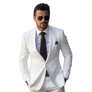 Elegant White Men's Formal Single-Breast, Notch Lapel, Skinny Two-Piece Jacket and Pants Set for Men's Office Wear Blazer