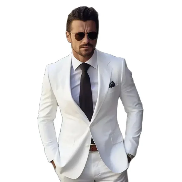 Elegant White Men's Formal Single-Breast, Notch Lapel, Skinny Two-Piece Jacket and Pants Set for Men's Office Wear Blazer