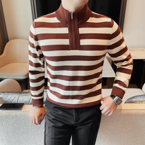 Men's Half-High Collar Pullover Knit Sweater with Stripes, Loose Casual.Trendy Slim-fitting Basic Sweater for Young Men