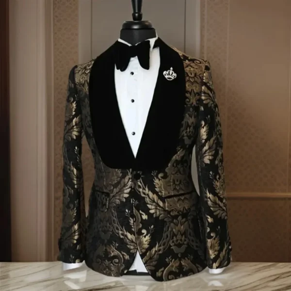 Men's Black Shawl Lapel Single-Breastered Blazer Formal Prom Party Jacket, One-Piece Elegant Outfit in Luxurious Jacquard Fabric - Image 3