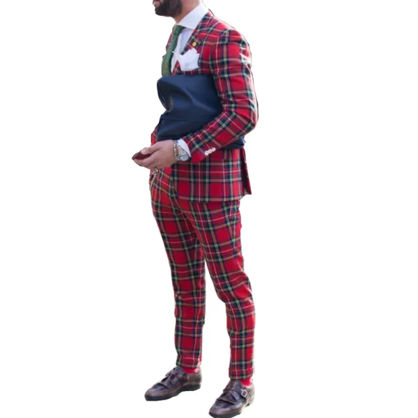 Traditional Men's Slim-Fitting, Single-Brsted, Notch-Lapel Complete Set with Plaid Pattern Casual Two-Piece Jacket and Pant Sets for Men - Image 4