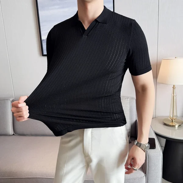 Men's Knitted Short-Sleeved Polo Shirt with V-neck, Lapel, Slim Fit, Fashion Bottoming Shirt, 2025 Spring/Summer - Image 2