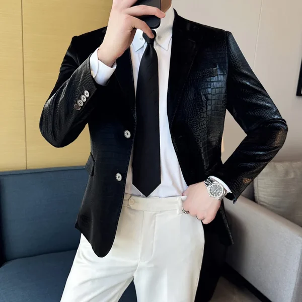 Grid Men's Crocodile Pattern Leather Jacket, Korean Premium Fashion Slim Casual Business Suit Coats, Tuxedos, Men's Apparel - Image 4