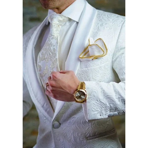 Luxurious White Jacquard Men's One-Button Slim Fit Wedding Groom Tuxedos Chic Two-Piece Jacket and Pants Costume Homme Blazer for 2025 - Image 4