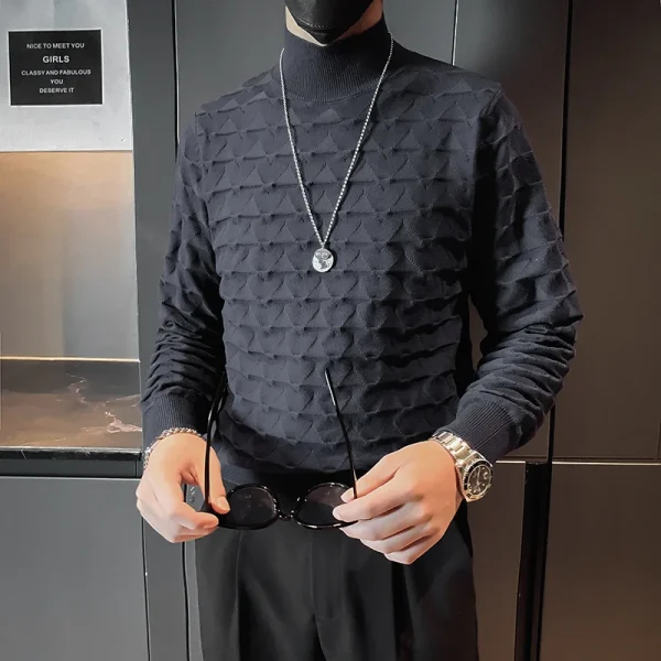 Young men can stay warm in the fall and winter with this half-high collar pullover sweater with a solid color geometric pattern. - Image 4