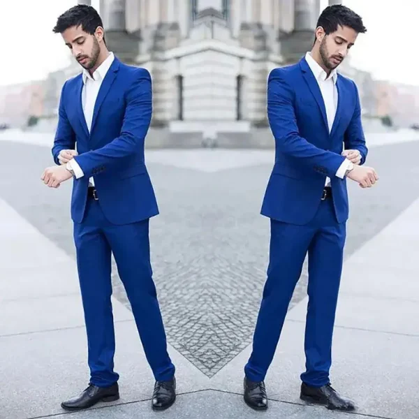 High-quality, two-piece, slim-fitting, casual, single-breasted, notch-lapel, and flat business office suits for men in blue - Image 3