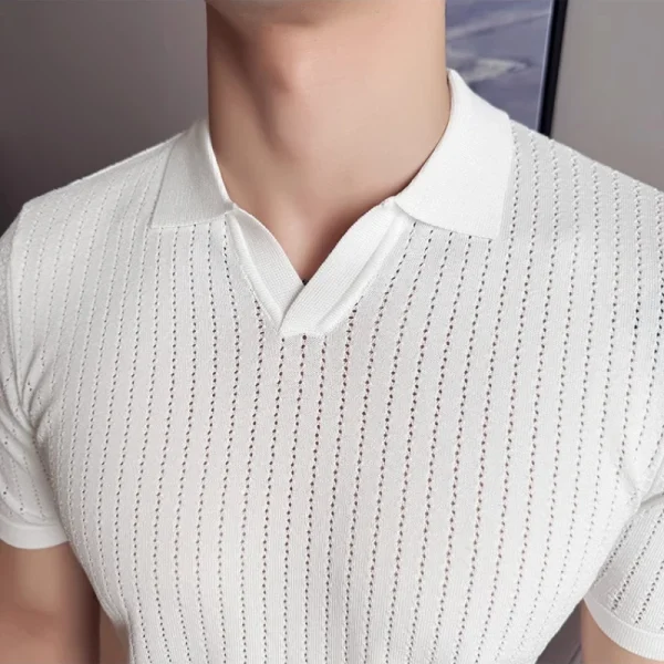 Men's Knitted Short-Sleeved Polo Shirt with V-neck, Lapel, Slim Fit, Fashion Bottoming Shirt, 2025 Spring/Summer - Image 4