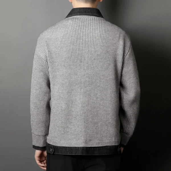 Men's elastic and fashionable knitted jacket with denim collar patchwork for everyday casual wear in the fall. - Image 3
