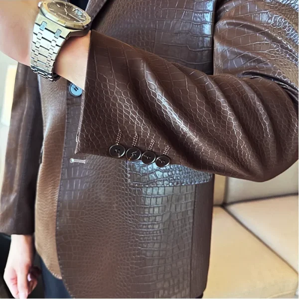 Grid Men's Crocodile Pattern Leather Jacket, Korean Premium Fashion Slim Casual Business Suit Coats, Tuxedos, Men's Apparel - Image 5
