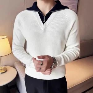 Men's Turtleneck Warm Sweater with Splice Color, Youth Slim-fit Knit Shirt for Fall and Winter, Half Zip-up Sweater.