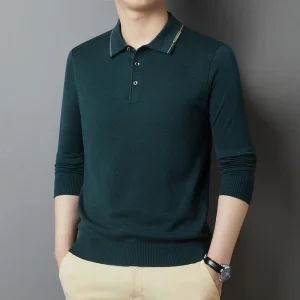Superior Solid Color Business Casual Warm Men's Polo Shirt for Fall and Winter, Stylish Men's Everyday Sweater