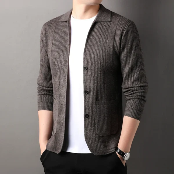 New Men's Solid Color Long Sleeve Cardigan, Casual Sweater for Everyday Commuter, Stylish Hollow Out Lapel Cardigan.