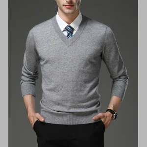 Warm Men's V-neck Solid Color Sweater, New Stretch Top for Autumn and Winter, Pullover Knitwear for Daily Leisure, Business