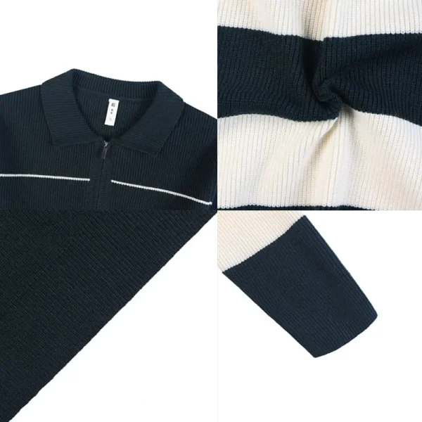 Classic Casual Striped Pullover Daily Knit Sweater with Turn-down Collar and Half Zipper for Autumn and Winter - Image 5