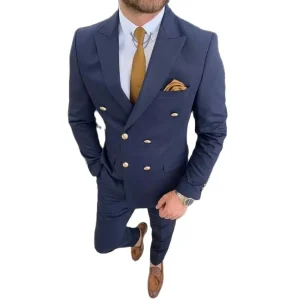 Men's Slim Fit Two-Piece Jacket and Pants, Peak Lapel Double Breasted Navy Blue, Casual Evening Party, Premium Full Set Blazer