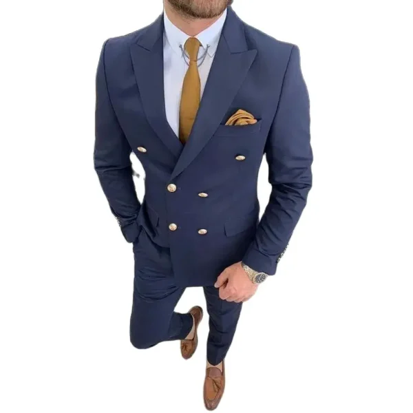Men's Slim Fit Two-Piece Jacket and Pants, Peak Lapel Double Breasted Navy Blue, Casual Evening Party, Premium Full Set Blazer