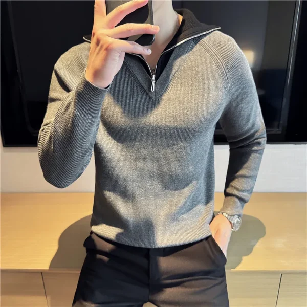 Men's Turtleneck Warm Sweater with Splice Color, Youth Slim-fit Knit Shirt for Fall and Winter, Half Zip-up Sweater. - Image 19