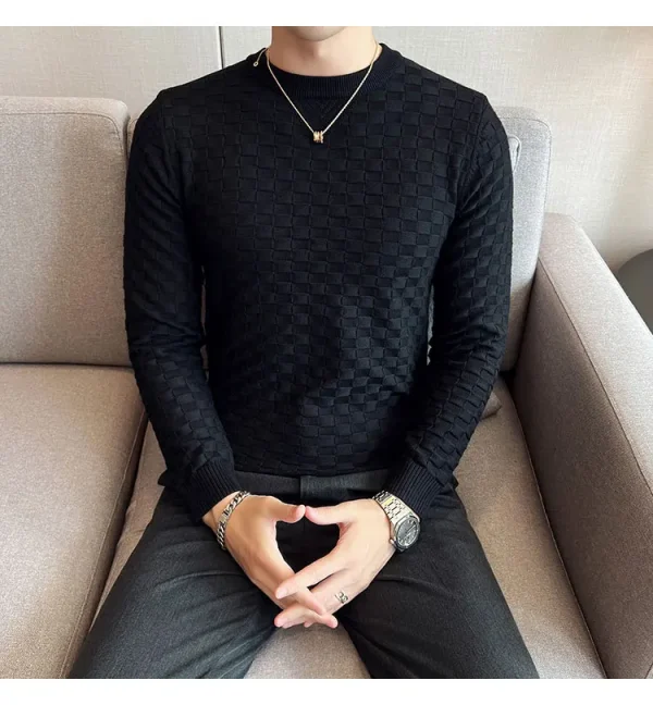 Warm and Stretchy Men's O-Neck Sweater with Jacquard Plaid Pullover Knit, Daily Slim Fit Base Shirt - Image 7