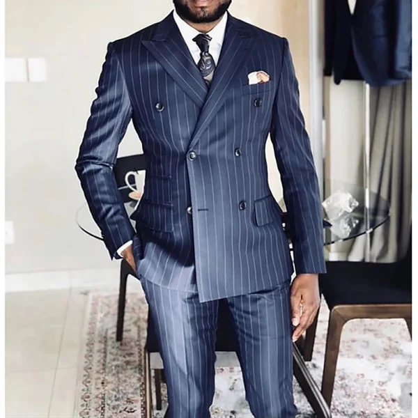 Premium Double-Breastered Men's Suits for Formal Events, Peak Lapel Blue Stripe Outfits, and Stylish Office Two-Piece Jackets, Pants, and Blazers - Image 2
