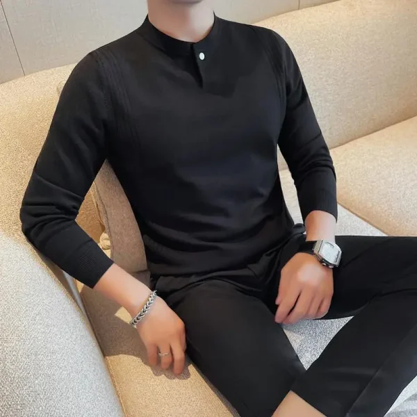Men's New Slim-Fit Solid Color Matching Long-Sleeved Sweater with White Casual Bottoming Shirt, High Quality - Image 2