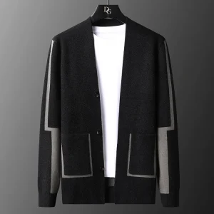 New for fall and winter, this color-block men's cardigan is a warm, stretchy, stylish V-neck sweater with no buttons.