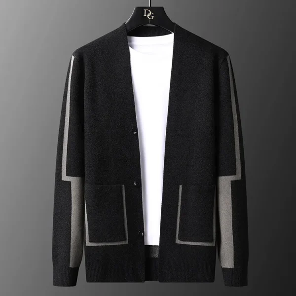 New for fall and winter, this color-block men's cardigan is a warm, stretchy, stylish V-neck sweater with no buttons.