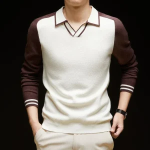 Men's Pullover Knit Sweater has a loose fit, casual V-neck, color block, stretch, and warmth for fall and winter.