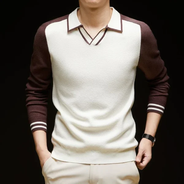 Men's Pullover Knit Sweater has a loose fit, casual V-neck, color block, stretch, and warmth for fall and winter.